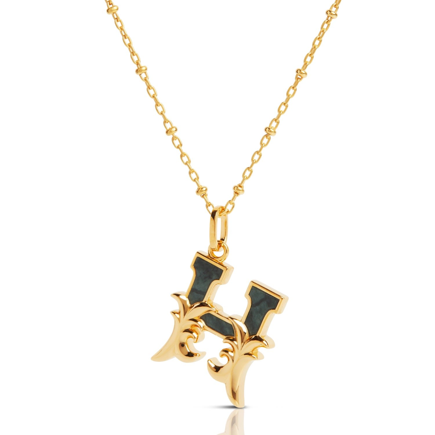 Gold Plated H Initial Necklace With Green Marble