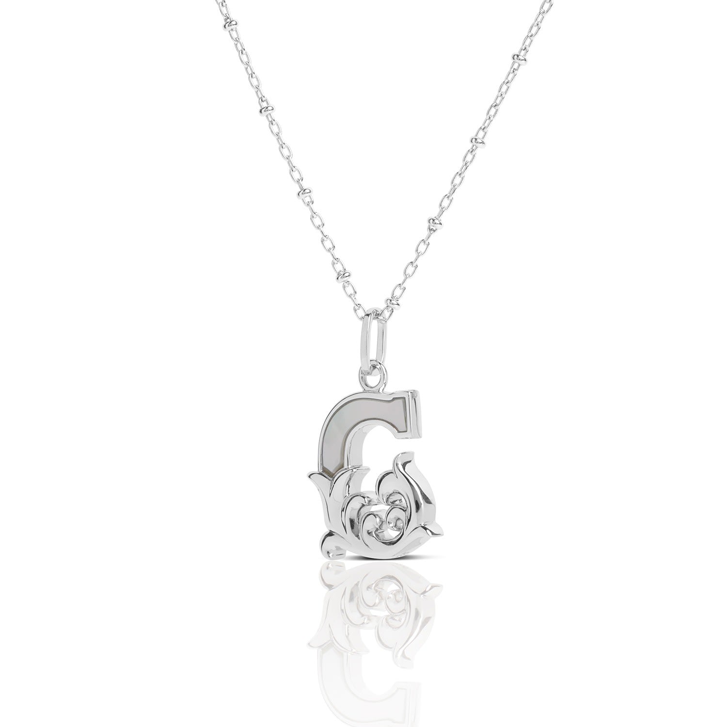 Solid Silver G Initial Necklace With Mother Of Pearl