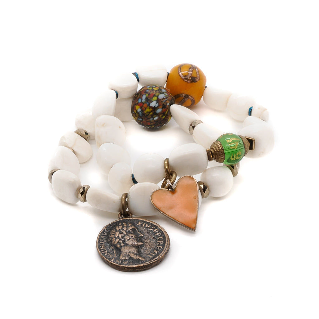 White Beaded Yellow Heart Zen Bracelet Set - White