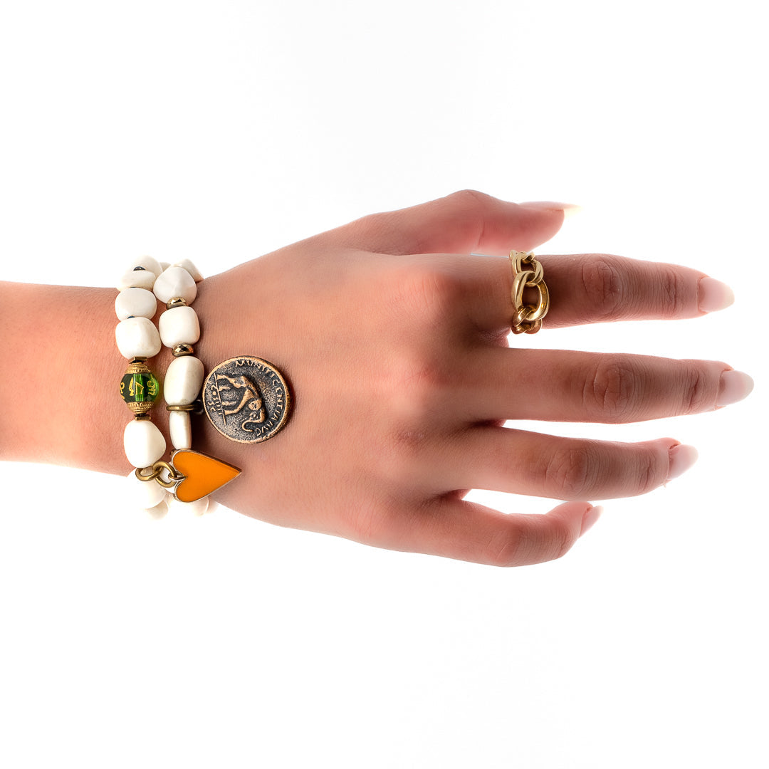 White Beaded Yellow Heart Zen Bracelet Set - White