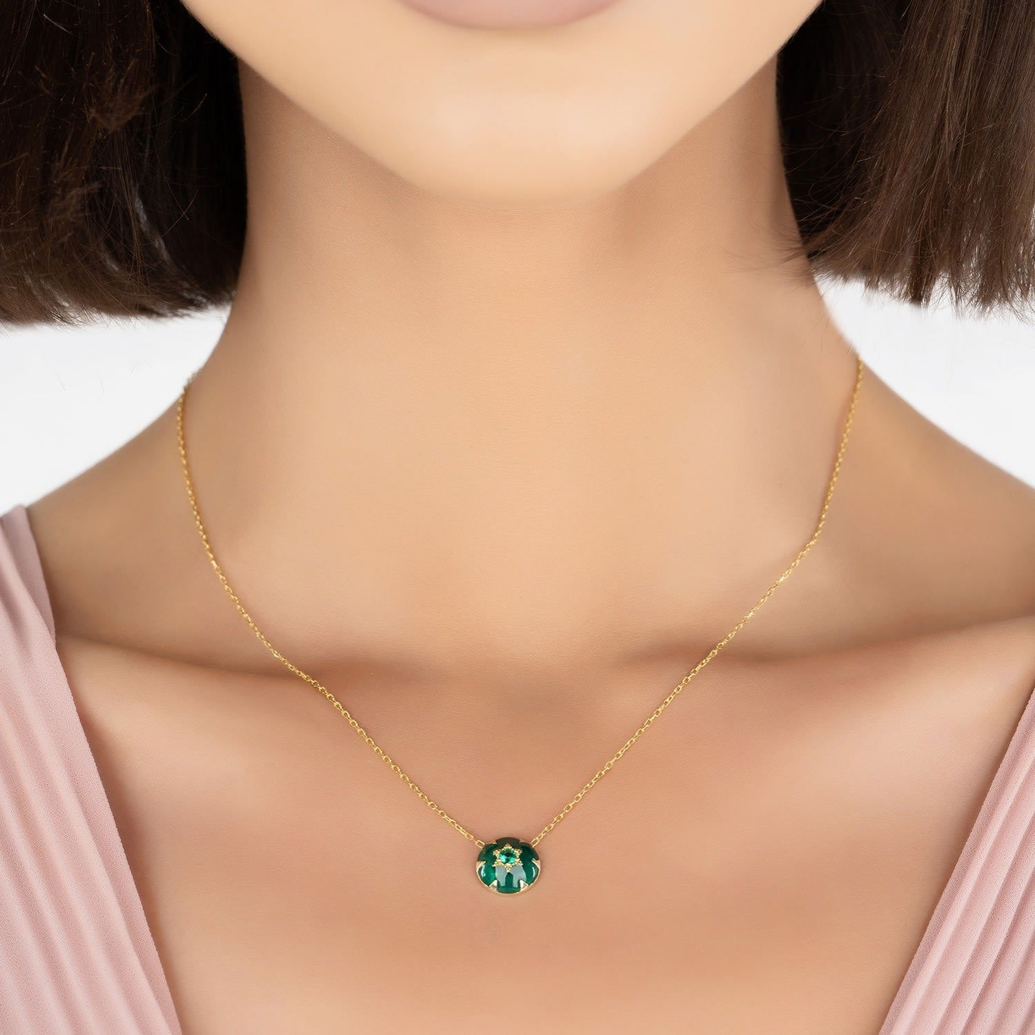 Star Of David Green Enamel Necklace Gold