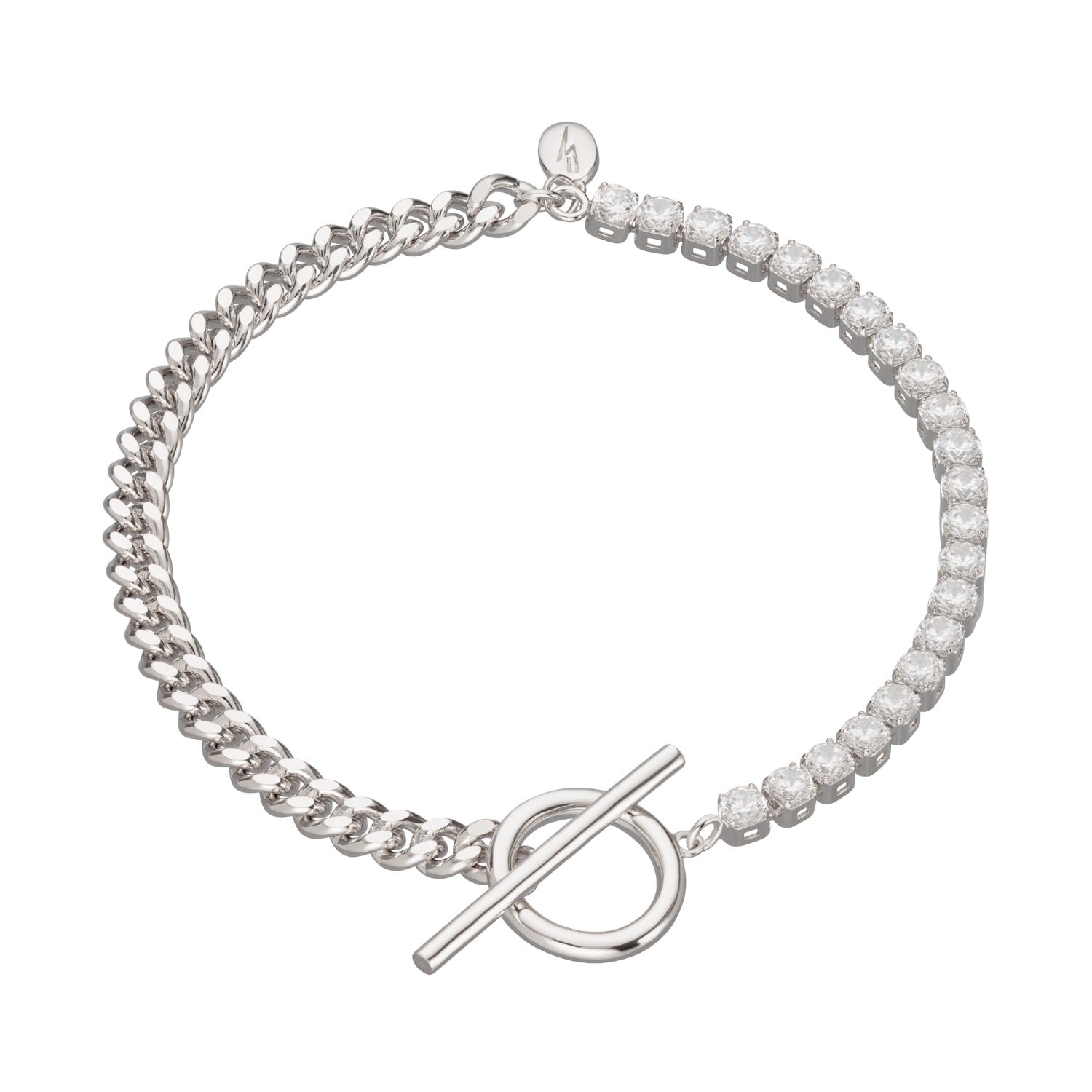 Silver Tennis & Curb Chain Bracelet With T Bar Clasp