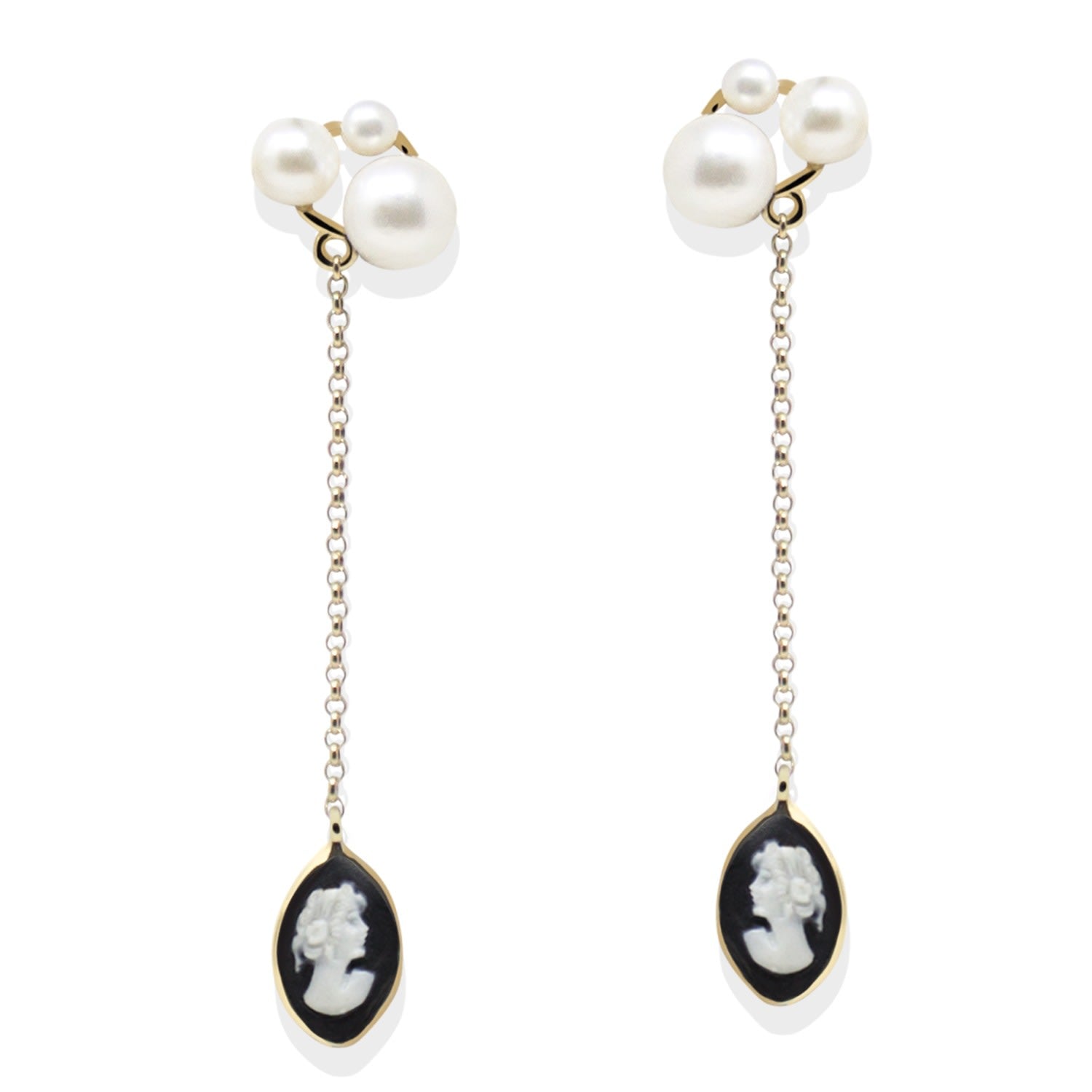 Lilith Gold-Plated Black Cameo And Pearl Drop Earrings