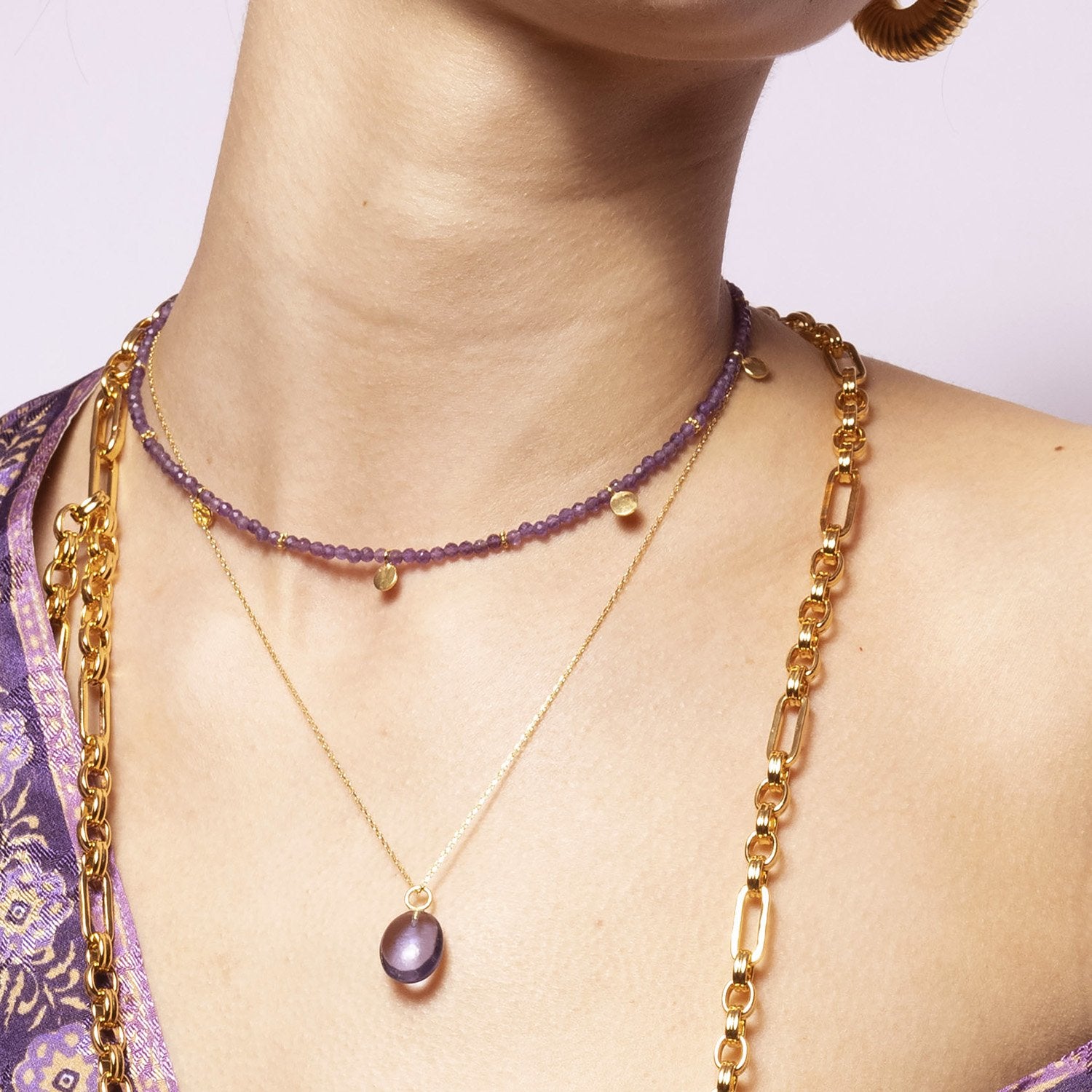 Eva Amethyst Reversible Necklace With Gold Discs