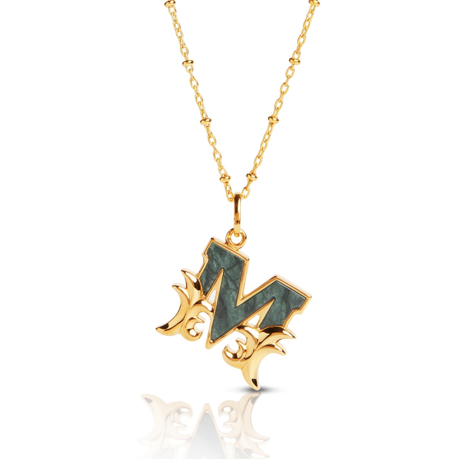 Gold Plated M Initial Necklace With Green Marble