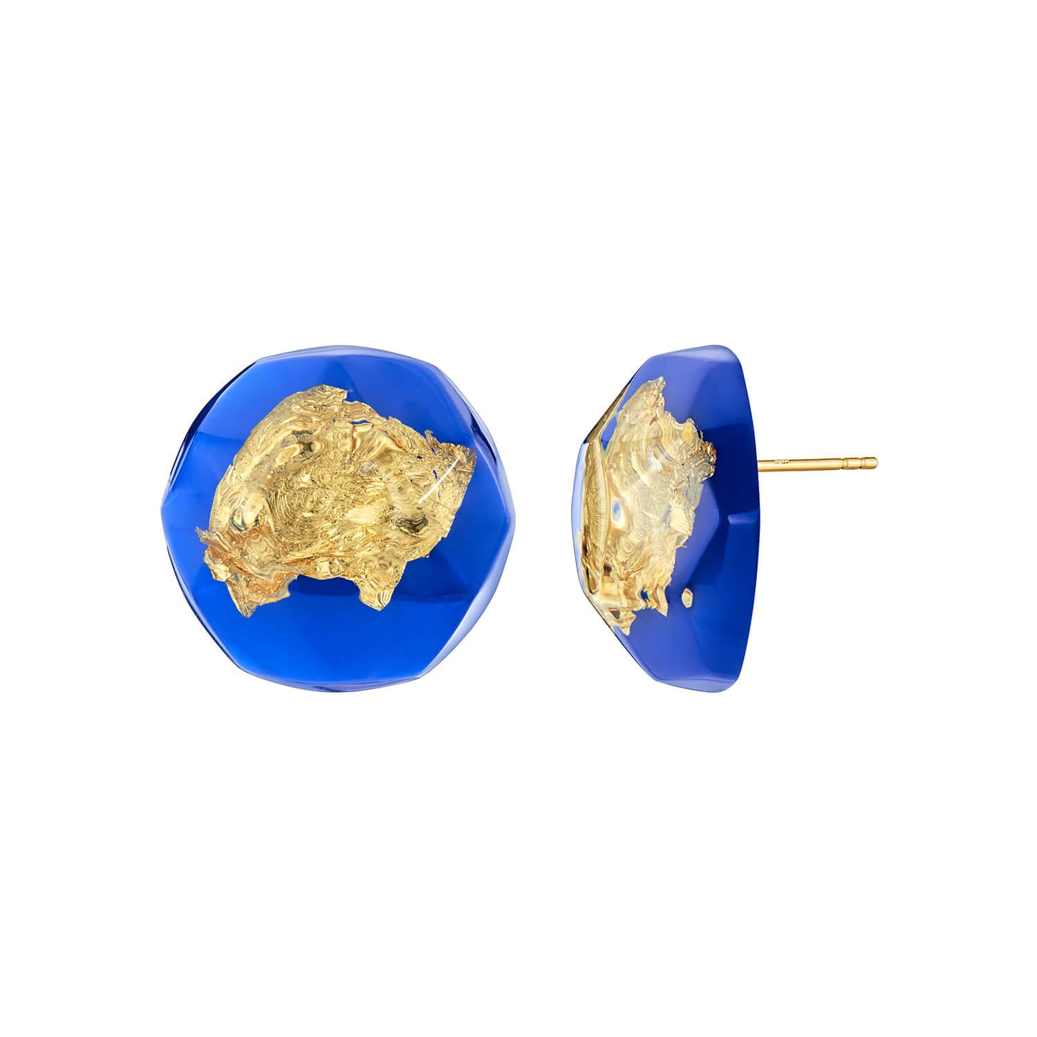24K Gold Leaf Button Stud Earrings In Royal Blue