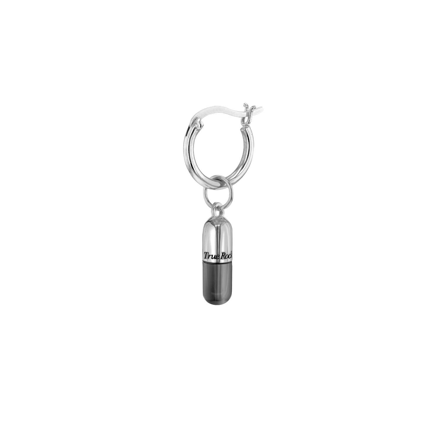 Gun Metal Grey Mini Pill Charm On Silver Hoop