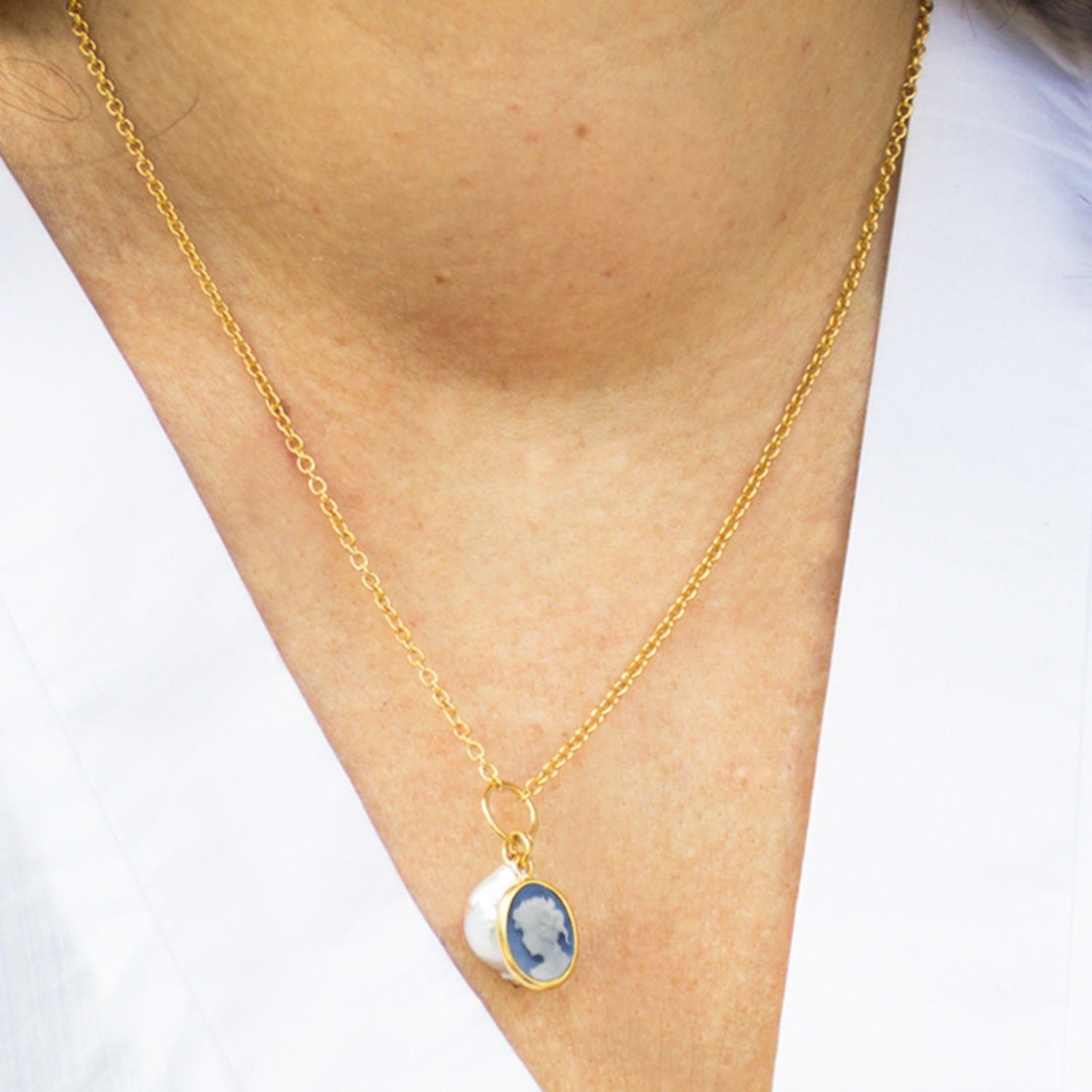 Sky Blue Cameo With A Pearl Necklace