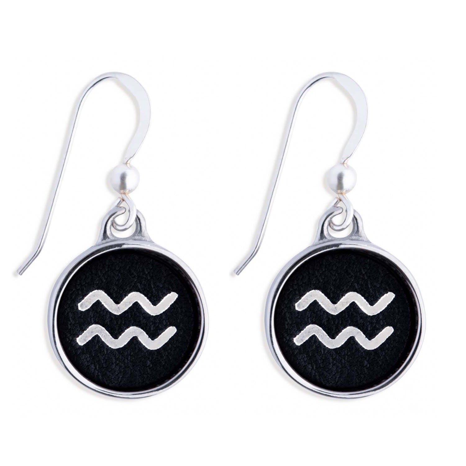 Zodiac Aquarius Black Leather & Silver Earrings