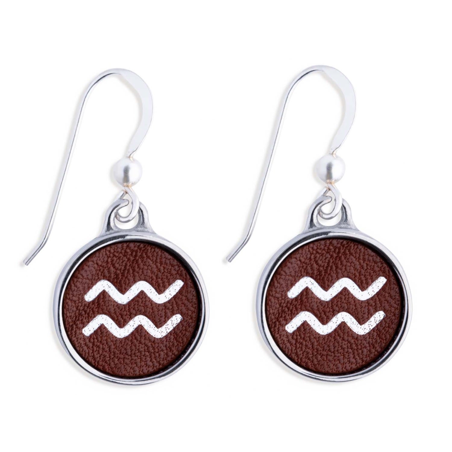 Zodiac Aquarius Brown Leather Earrings