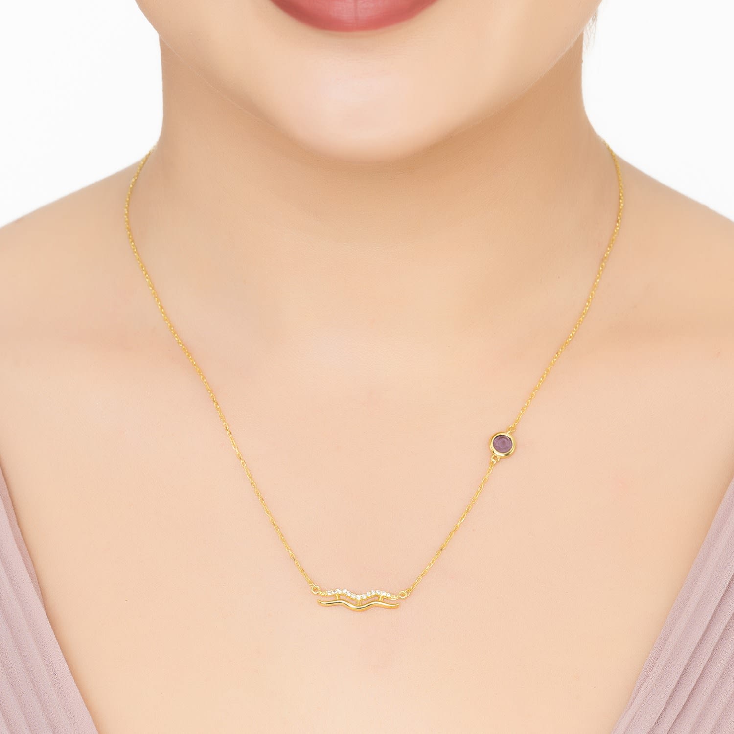 Zodiac Birthstone Aquarius Necklace Amethyst Gold