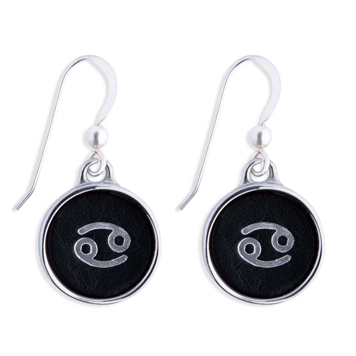 Zodiac Cancer Black Leather & Silver Earrings