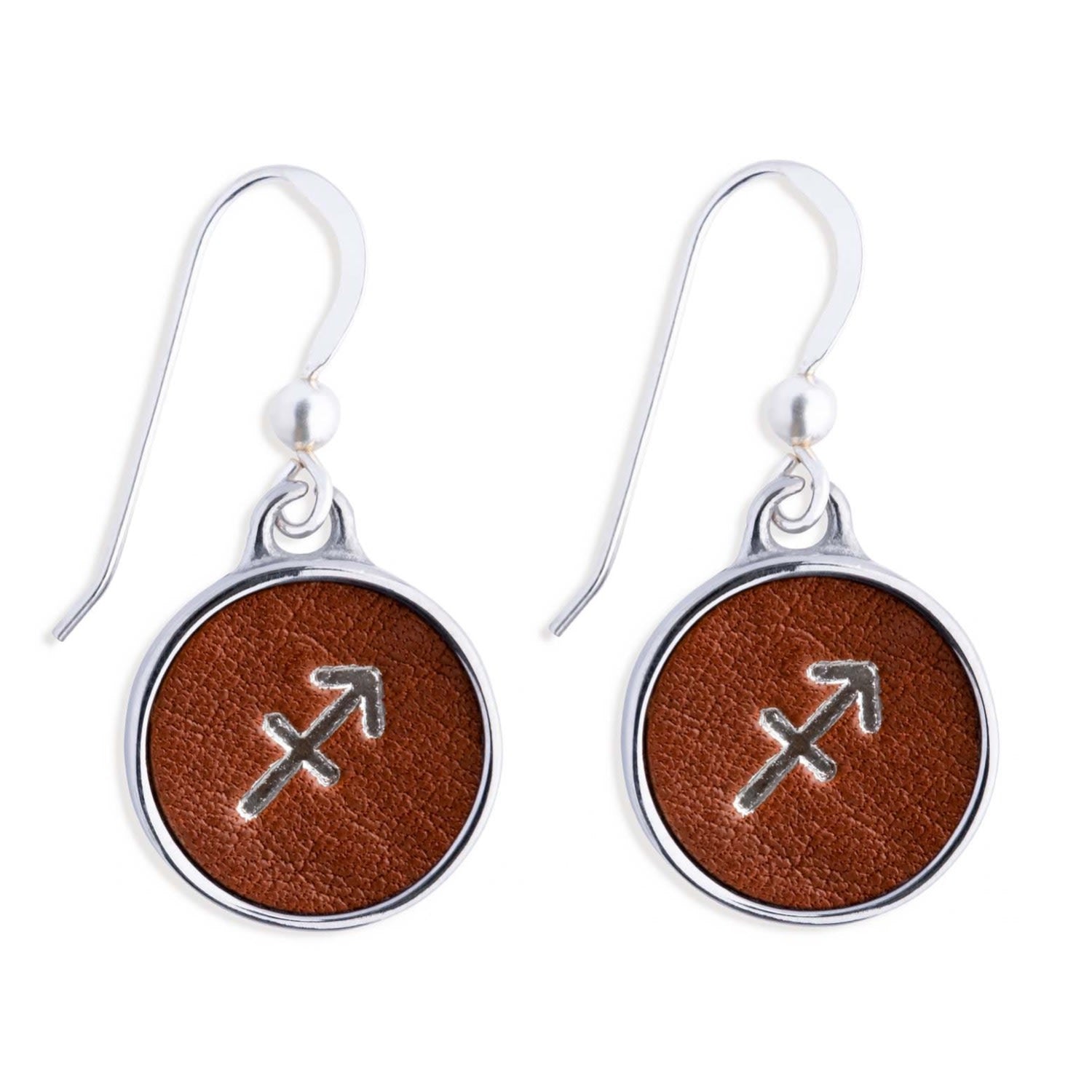 Zodiac Sagittarius Brown Leather Earrings