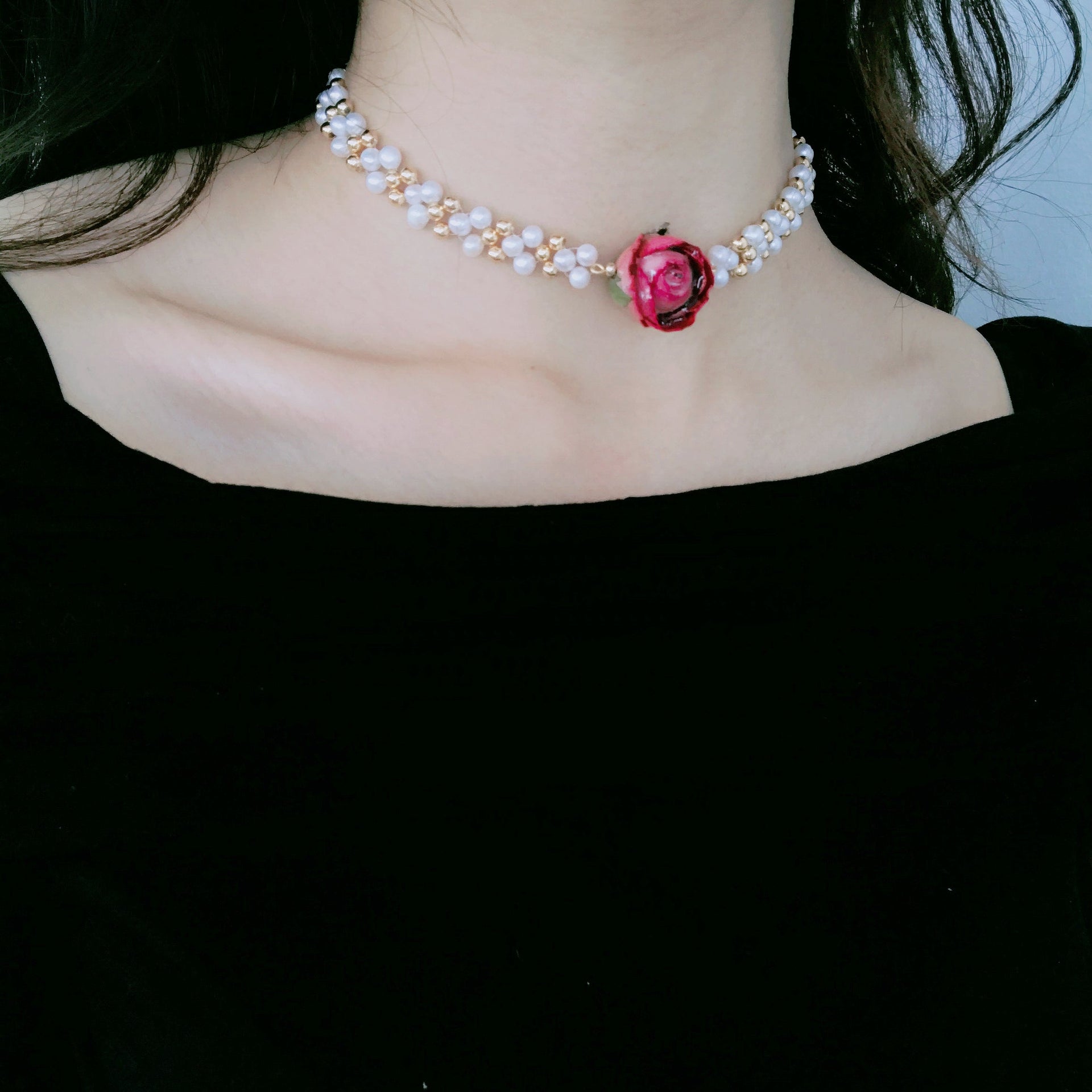 Real Flower Bella Rosa Braided Freshwater Pearl Choker Necklace With Pink Rose