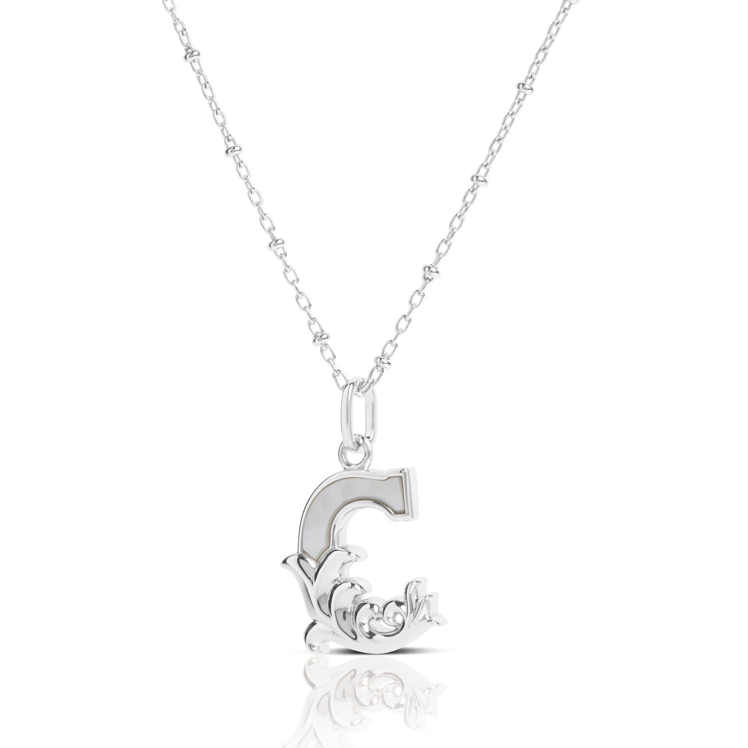 Solid Silver C Initial Necklace With Mother Of Pearl