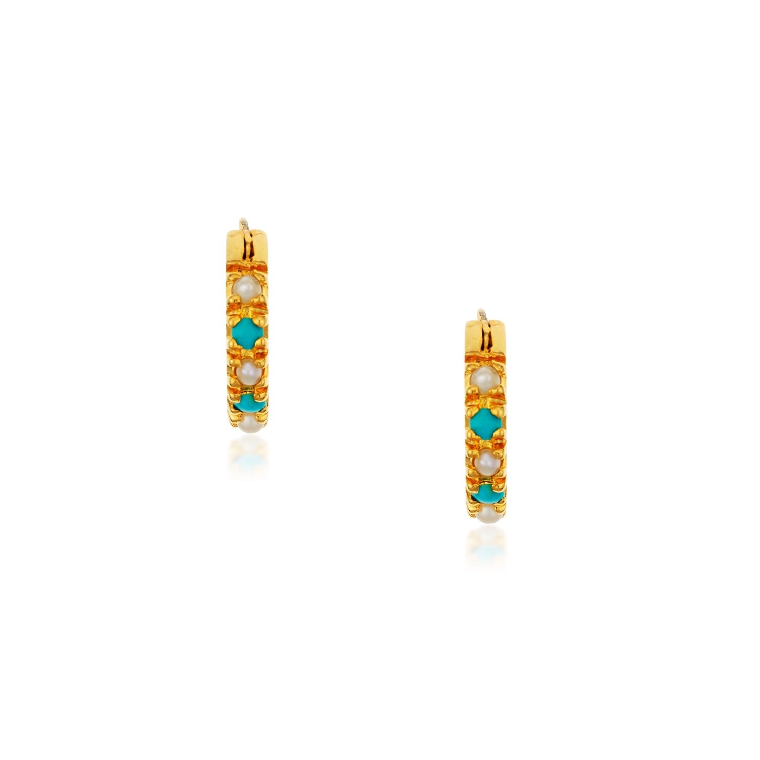 14K Gold Plated Hoops -Turquoise And Pearls