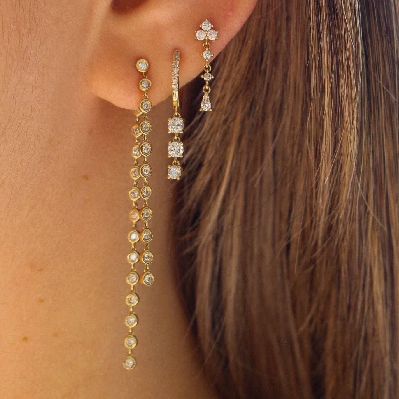Gold Diamond Trio Prong Drop Earring