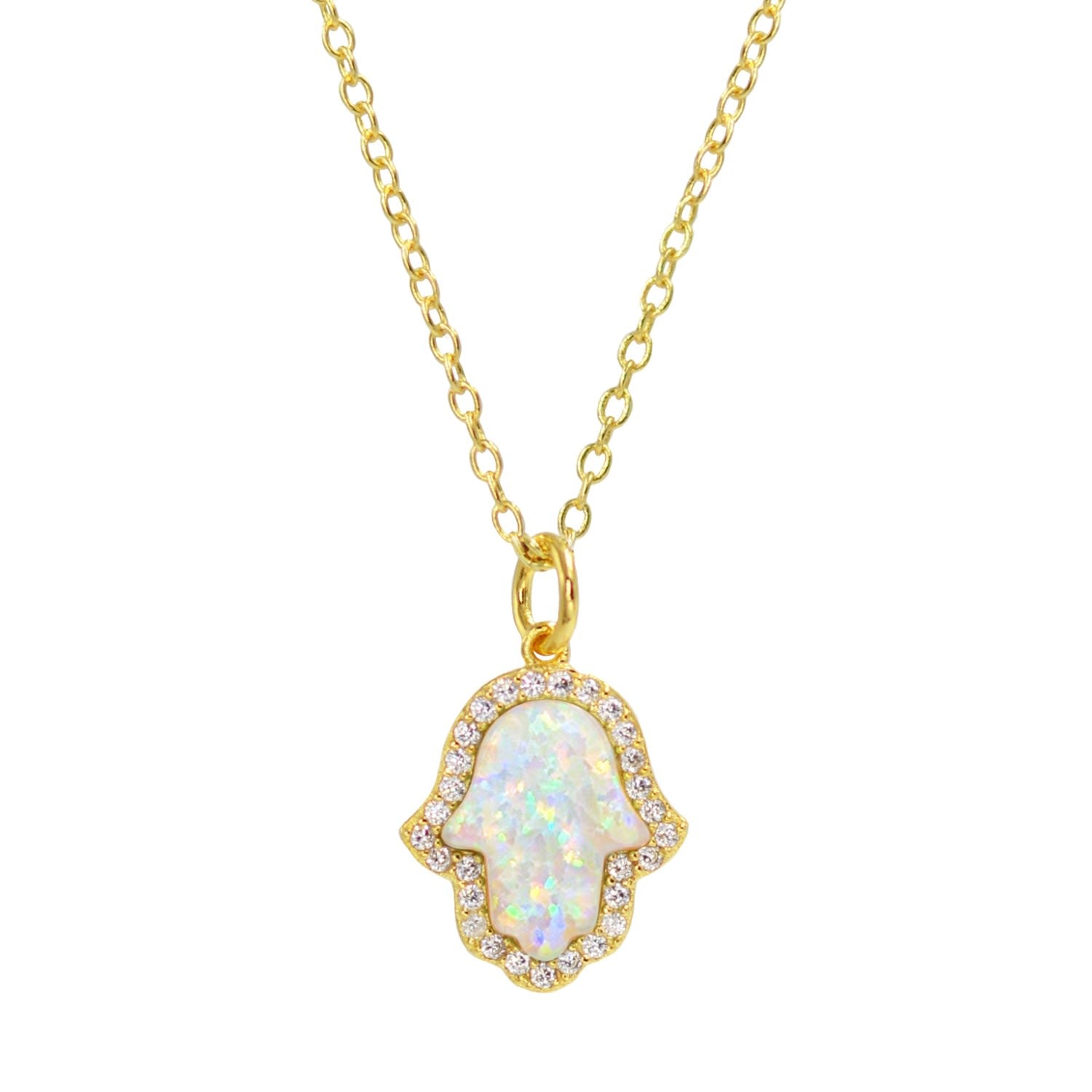 Opal Hamsa Hand Necklace In White Opal