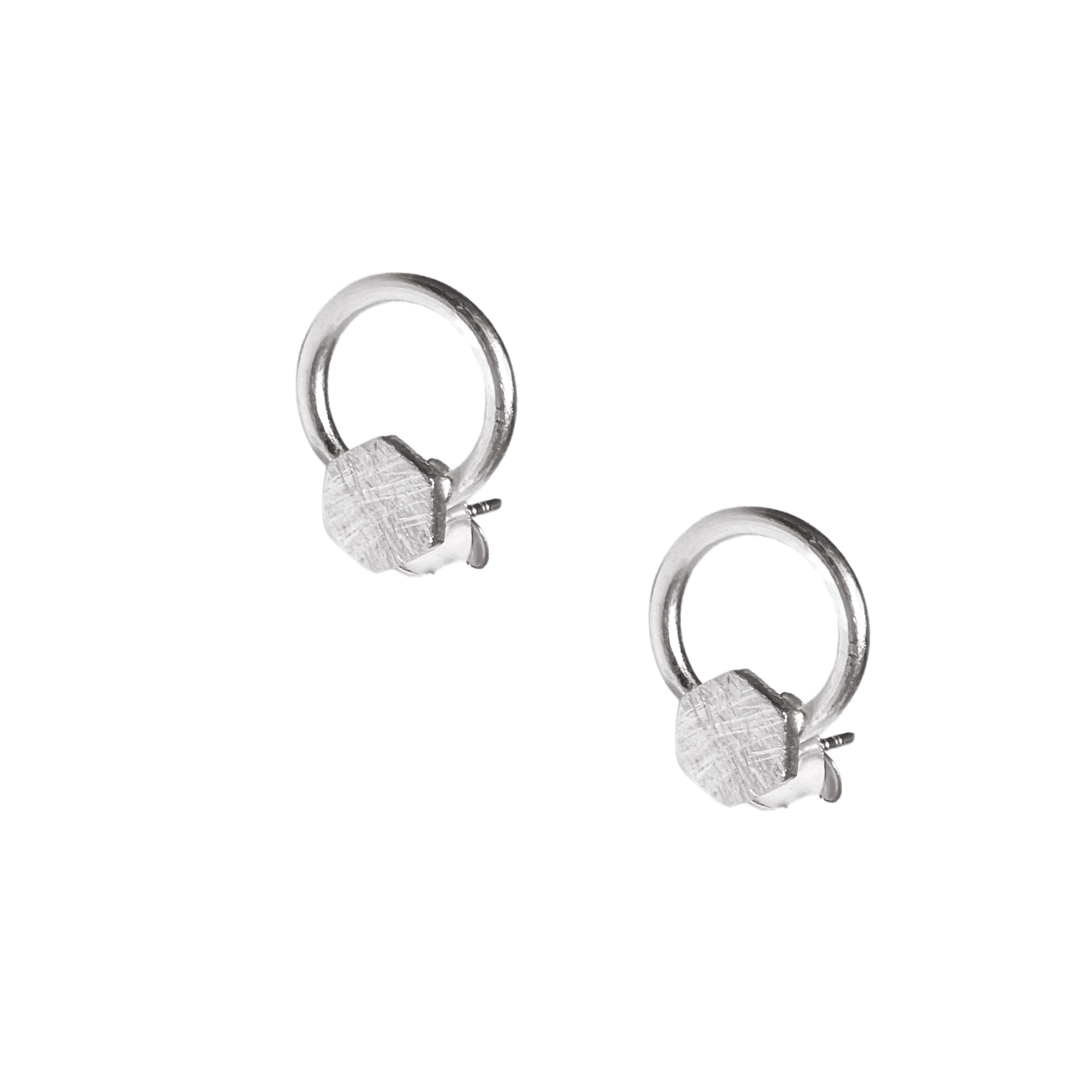 Sterling Silver Natural Textured Hexagon Stud Earrings - Silver
