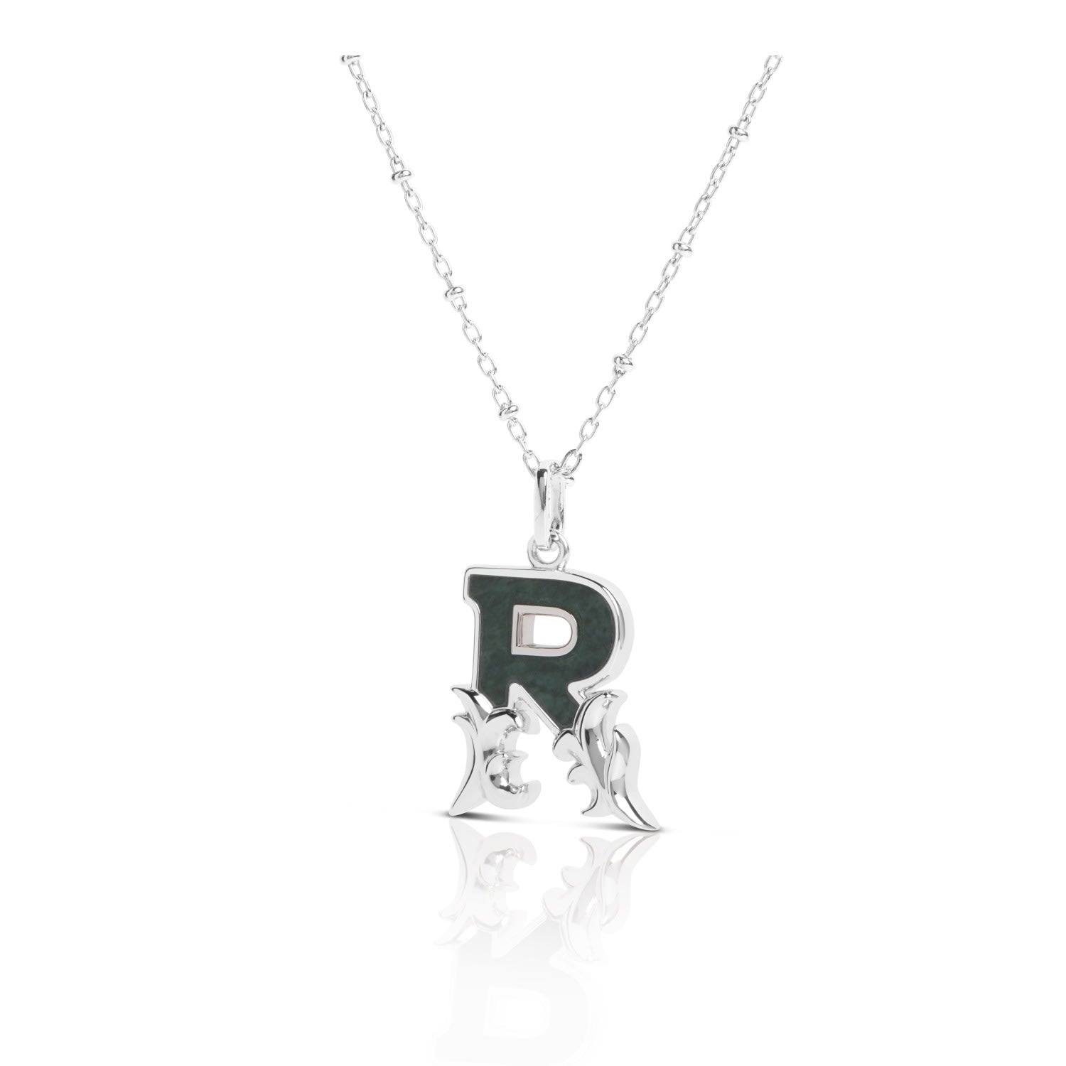 Solid Silver R Initial Necklace With Green Marble