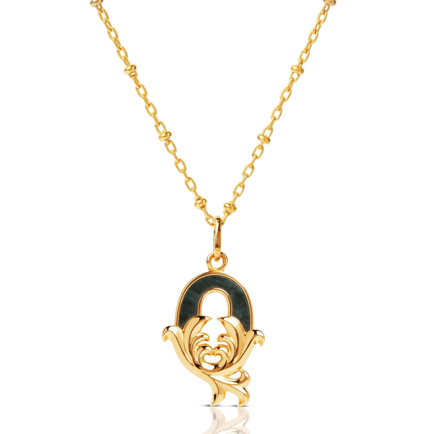 Gold Plated Q Initial Necklace With Green Marble