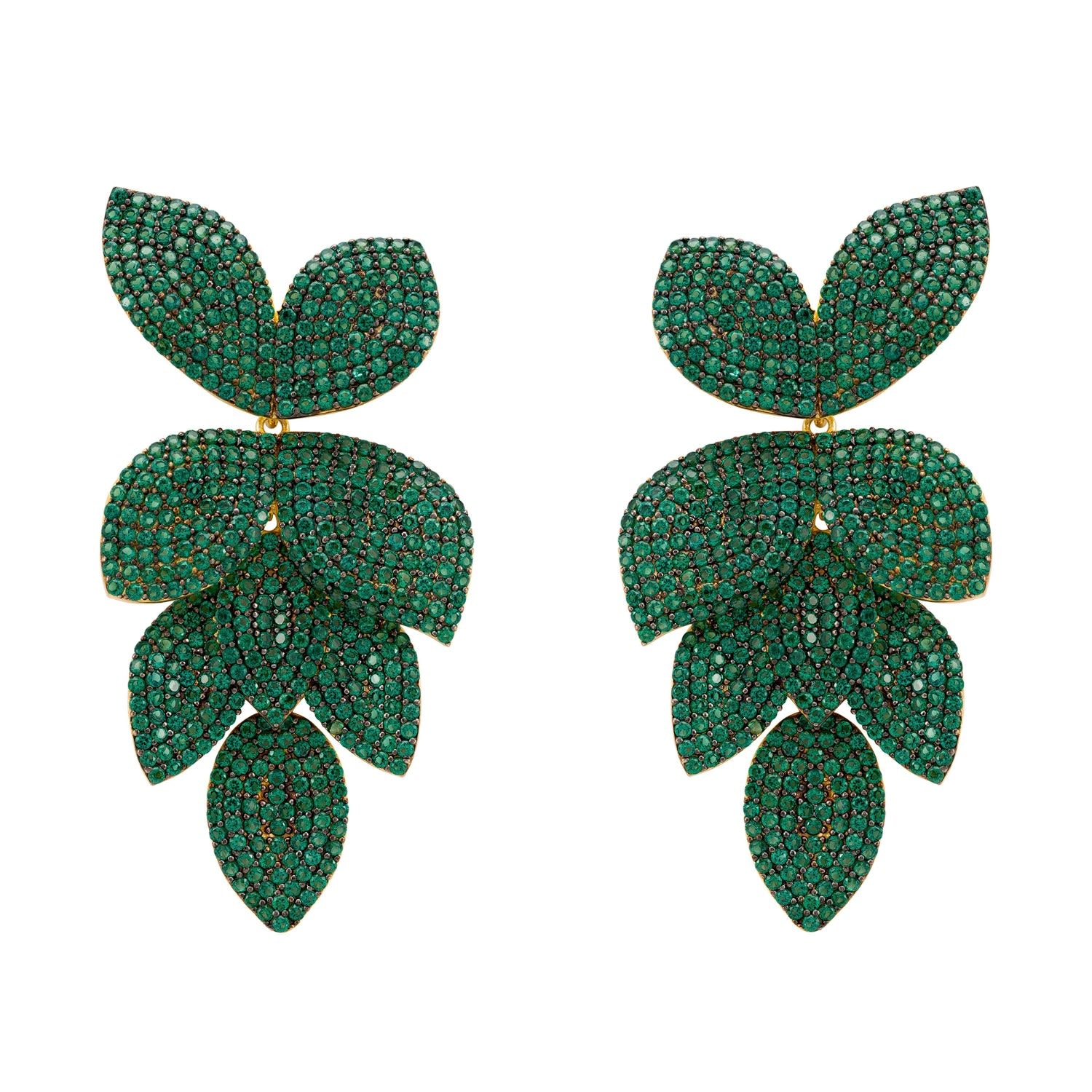 Petal Cascading Flower Earrings Gold Emerald Green