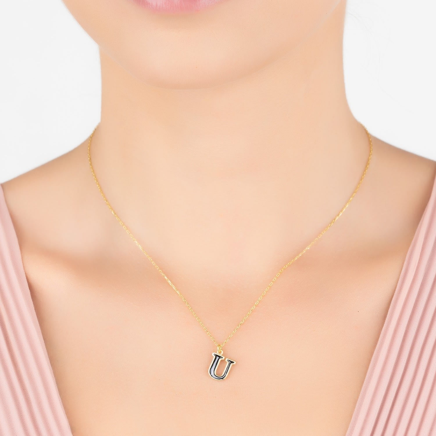 Initial Enamel Necklace Gold U