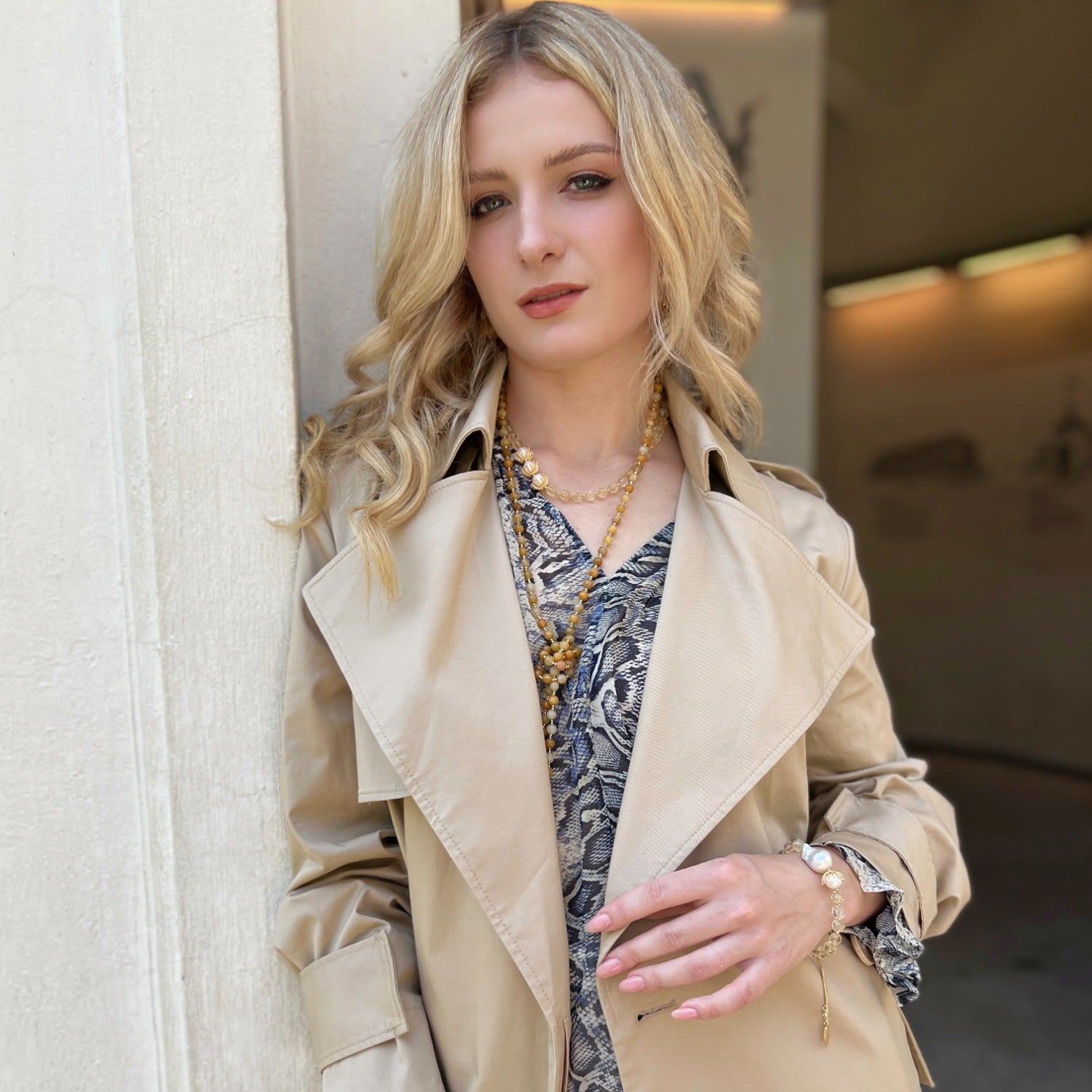 Yellow Jade With Rhinestones Open Ended Necklace