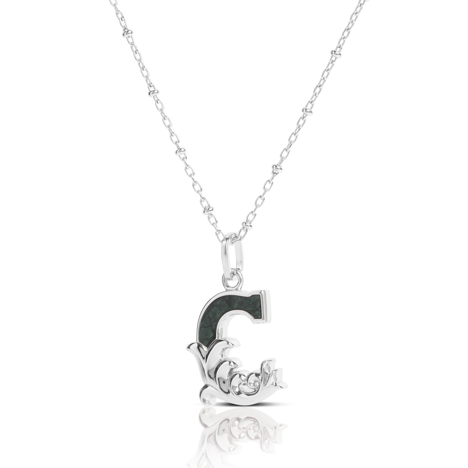 Solid Silver C Initial Necklace With Green Marble