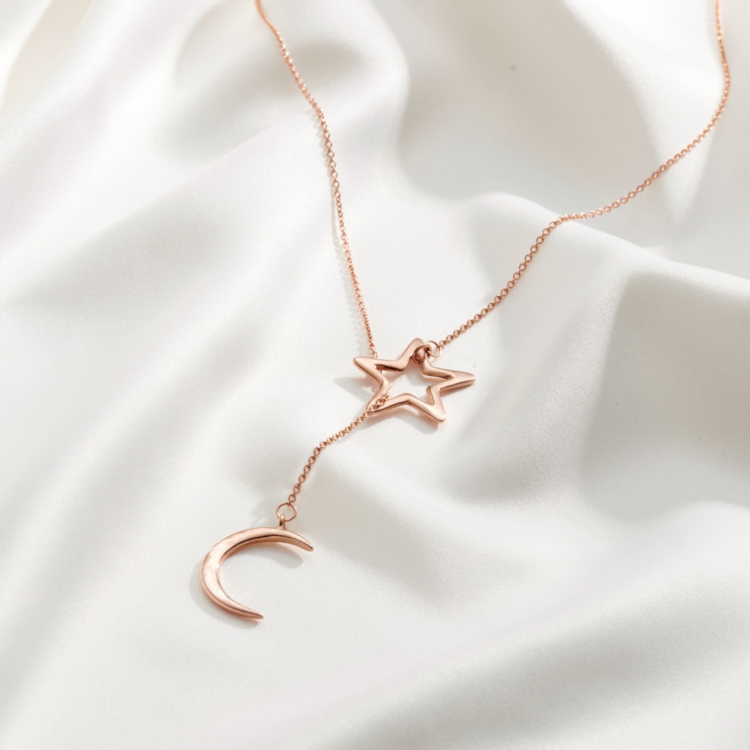 Rose Gold Plated Moon & Star Lariat Necklace