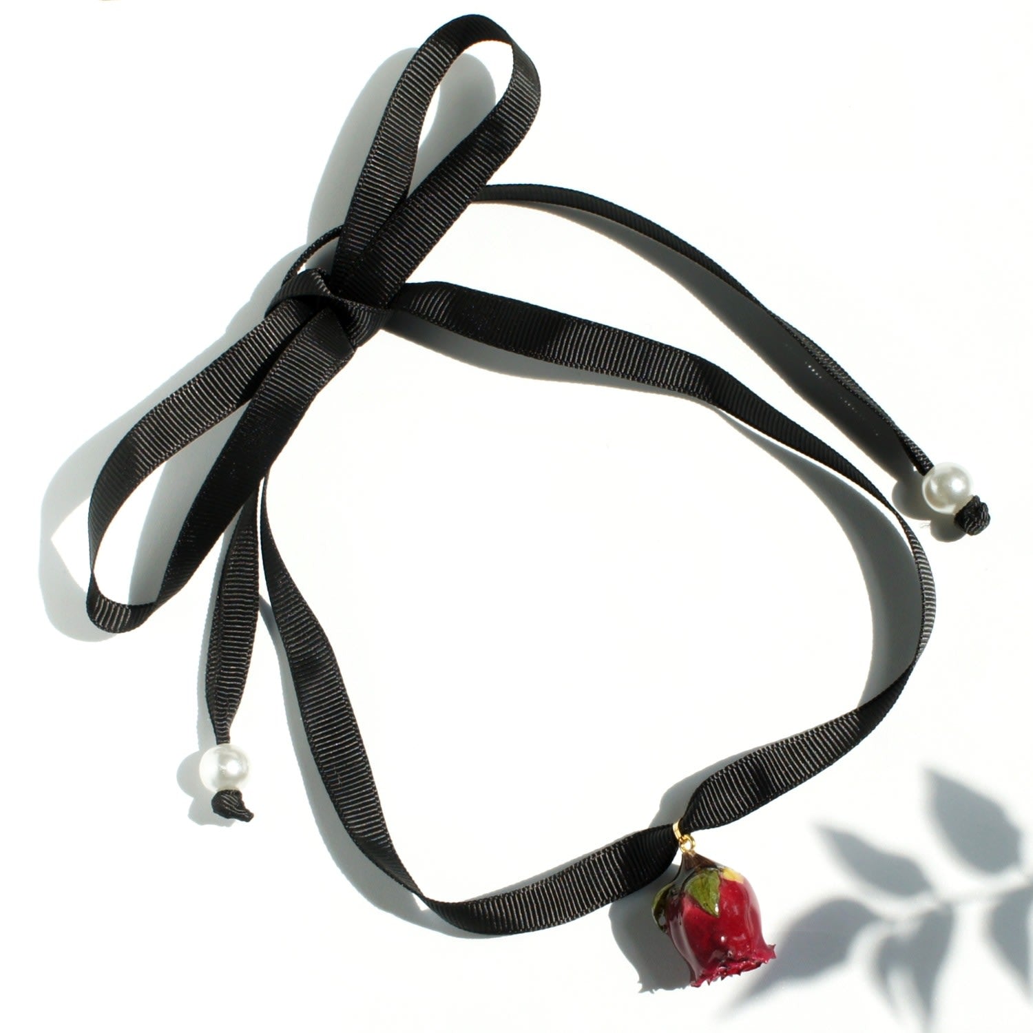 Real Flower Grande Amore Rosebud Black Ribbon Choker Necklace