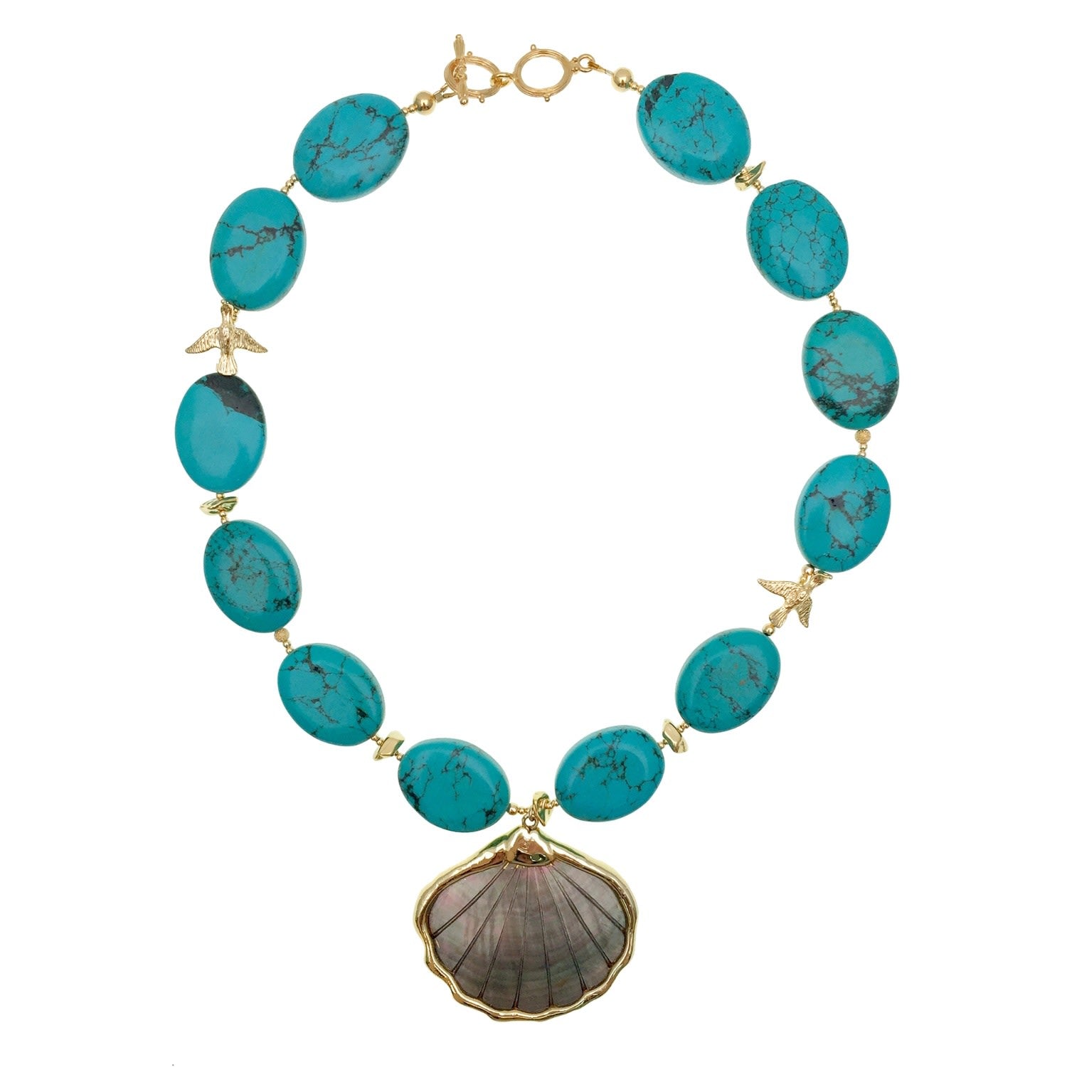 Turquoise With Shell Pendant Short Necklace